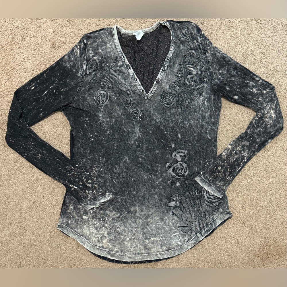 Vintage Affliction Womens Y2K Rhinestone Shirt Small Medium Mesh Back See Throug